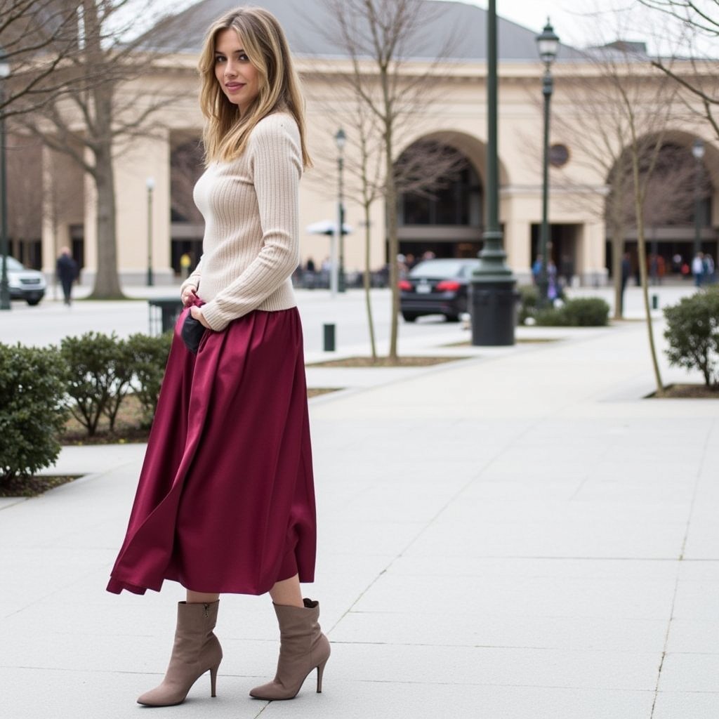 Satin Midi Skirt With a Cashmere Sweater