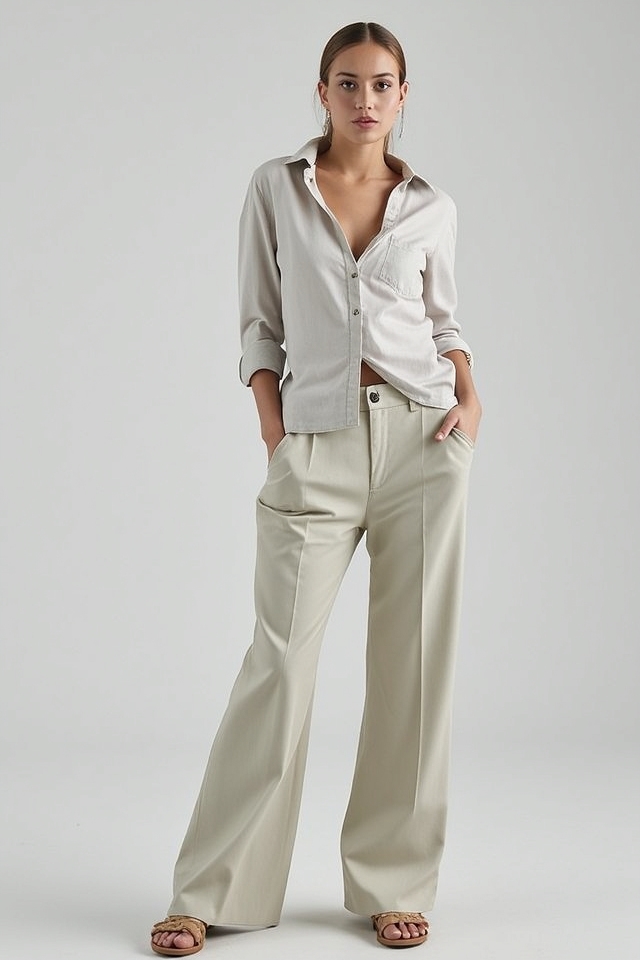 casual button down wide leg outfit