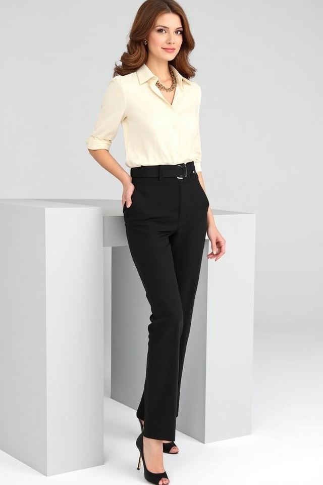 cream blouse high waisted slacks