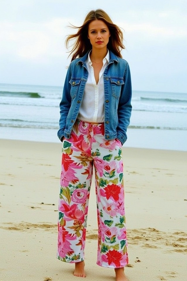 floral beach denim ensemble