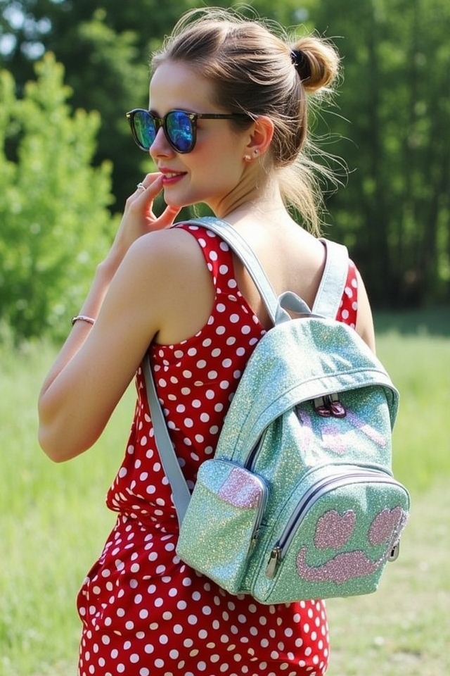 glittery backpack polka jumpsuit