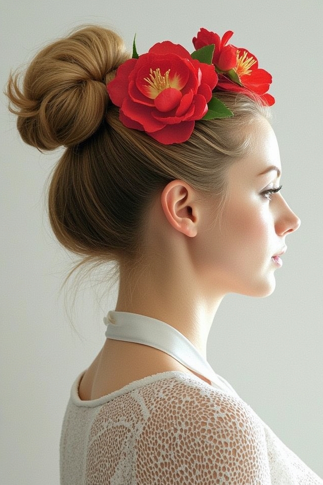 high ponytail flower bun