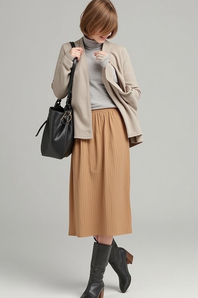 layered turtleneck skirt ensemble