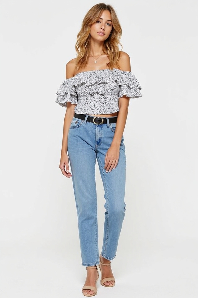 playful off shoulder jeans ensemble