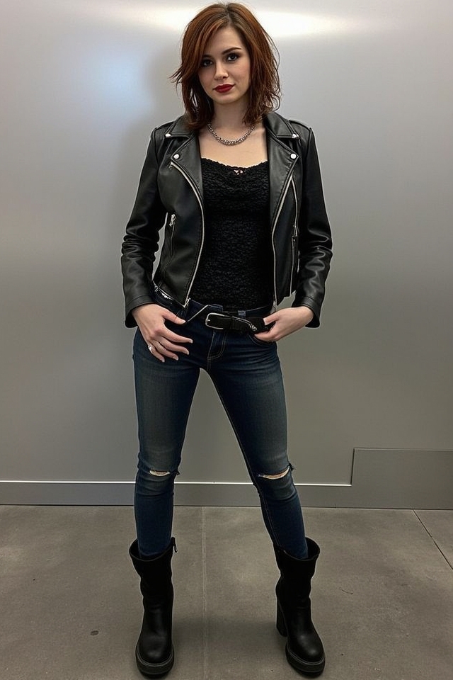 red lipstick biker jacket