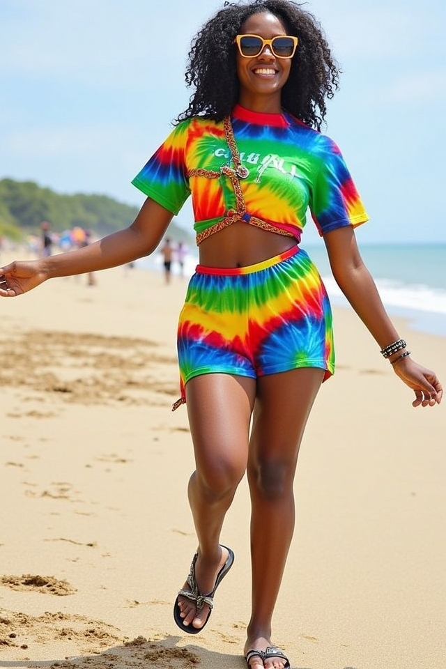 vibrant tie dye jamaica outfit