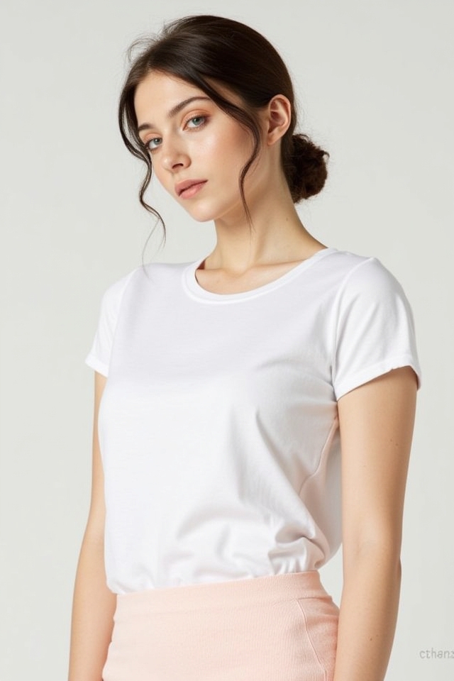 white tee pastel skirt