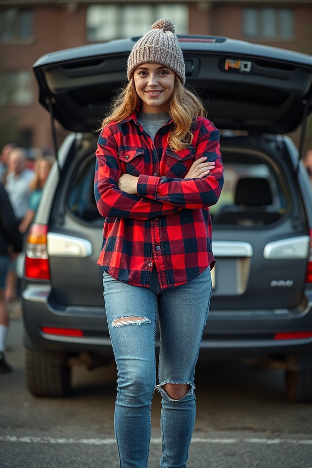 cozy plaid tailgating outfit