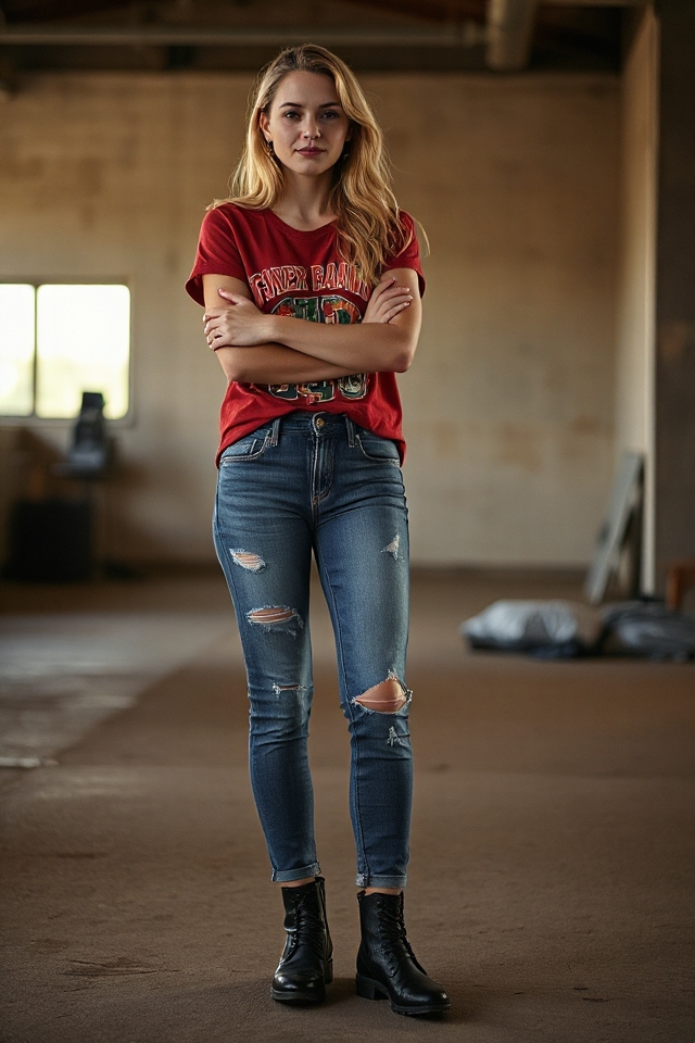 graphic tee distressed jeans