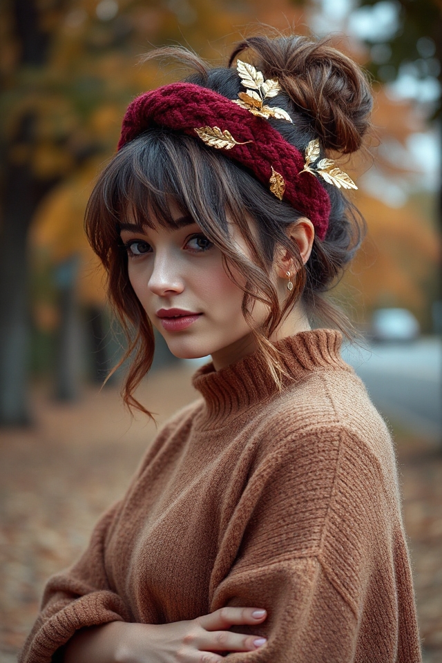 messy bun with fall accessories