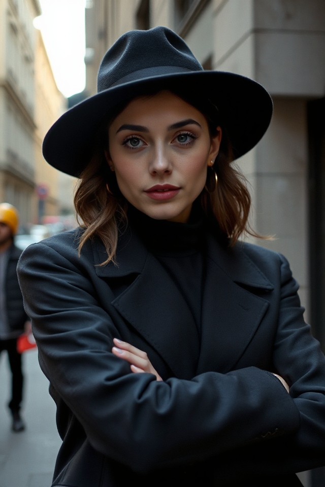 monochrome hat and attire